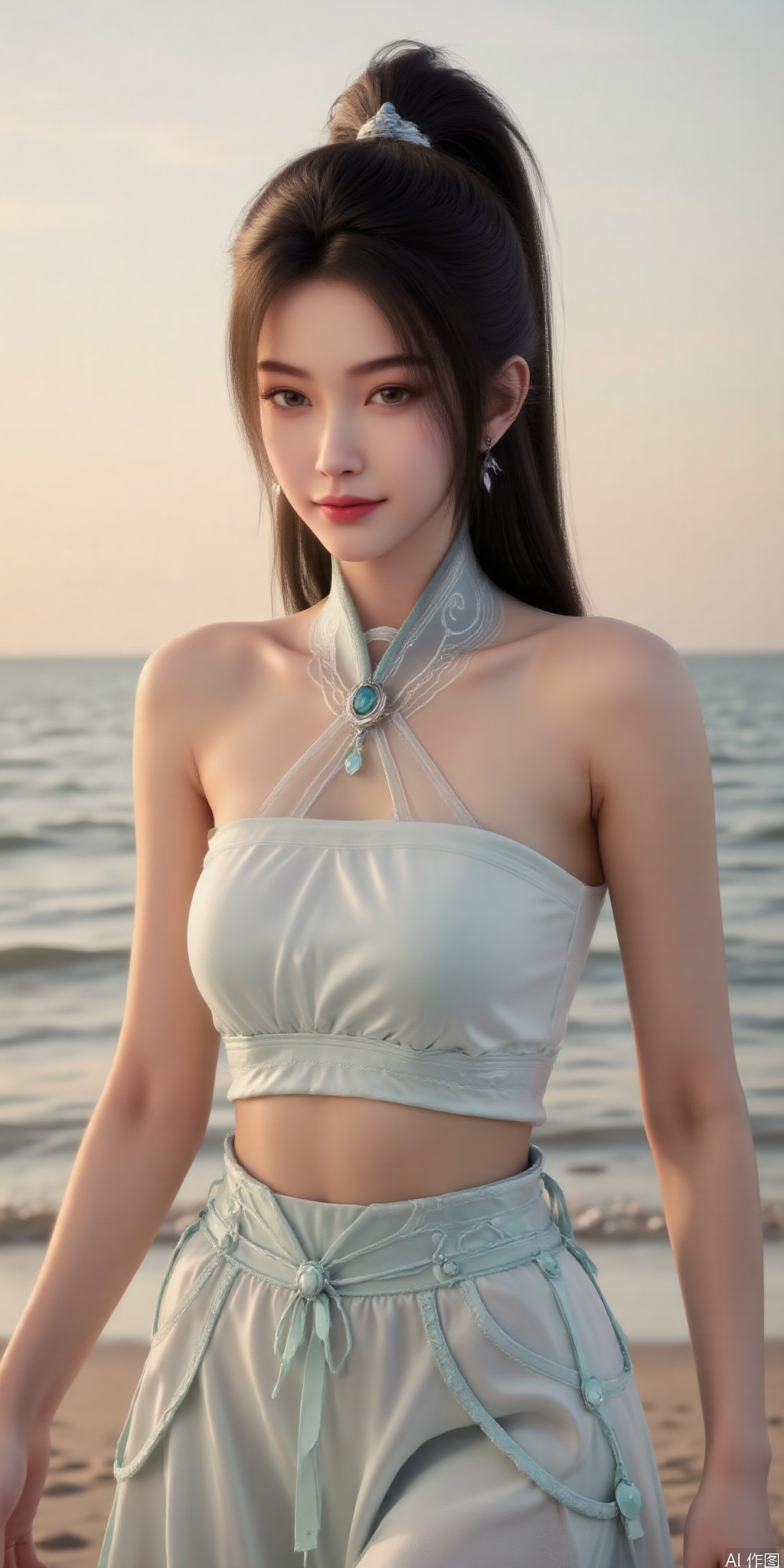 surreal warm cinematic full body shot photography, Kodak Professional Portra 160, 1girl,looking_at_viewer,navel,, ,realistic,,pose for picture,Dynamic posture, ,良好解剖结构,真人肌肤纹理, 4K画质,完美身材, 
best quality, masterpiece, realistic,cowboy_shot,(Good structure), DSLR Quality,Depth of field,kind smile,looking_at_viewer,Dynamic pose, 1girl, solo, long hair, , looking at viewer, skirt, hair ornament, bare shoulders, jewelry, , , earrings, outdoors, midriff, water, necklace, lips, crop top, grey eyes, leaning forward, ocean, white skirt, strapless vest, sunset, sun,lingyao, ponytail