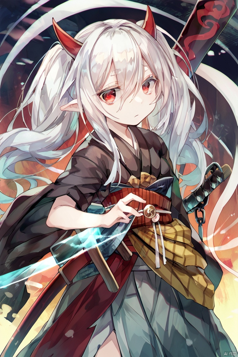 score_9,score_8,score_7, Ghost Ogre & Snow Rabbit \(ygo\), 1girl, solo, long hair, red eyes, twintails, white hair, japanese clothes, horns, pointy ears, katana,