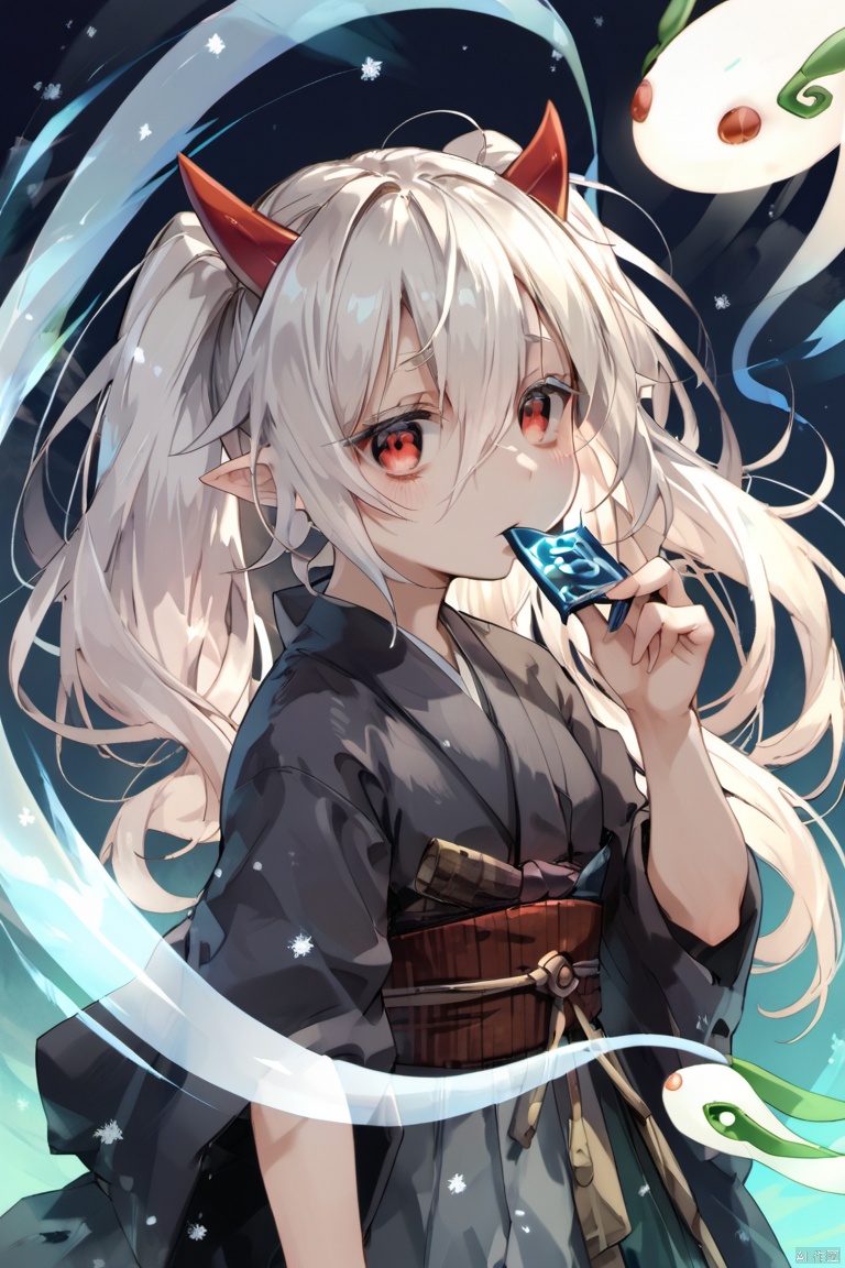 score_9,score_8,score_7, Ghost Ogre & Snow Rabbit \(ygo\), 1girl, solo, long hair, red eyes, twintails, white hair, japanese clothes, horns, pointy ears,