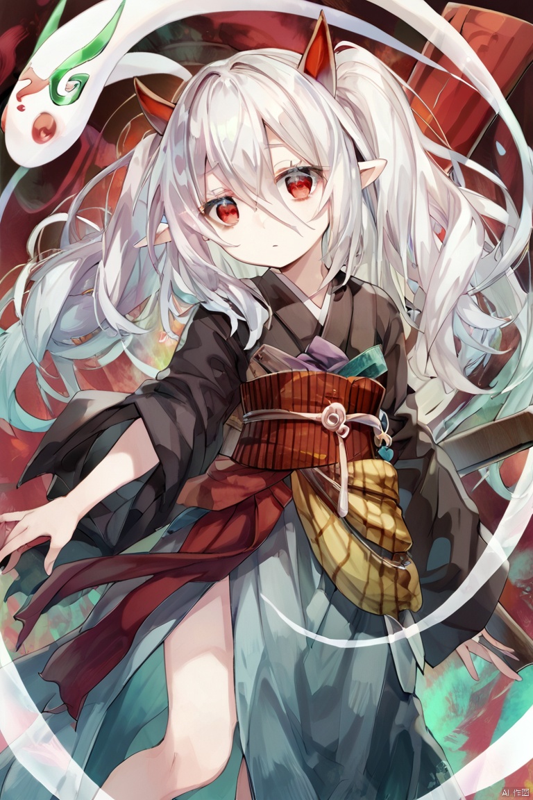 score_9,score_8,score_7, Ghost Ogre & Snow Rabbit \(ygo\), 1girl, solo, long hair, red eyes, twintails, white hair, japanese clothes, horns, pointy ears,