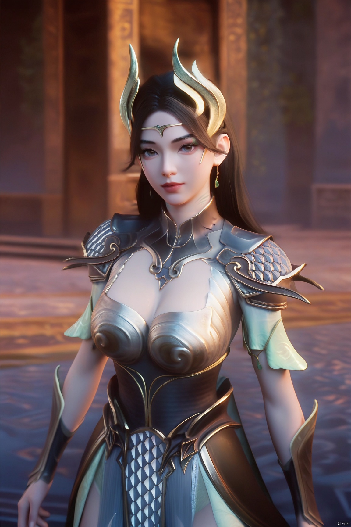 score_9, score_8_up, score_7_up,highly detailed digital,1girl, solo, long hair, breasts, looking at viewer, black hair, hair ornament, dress, jewelry, earrings, armor, shoulder armor