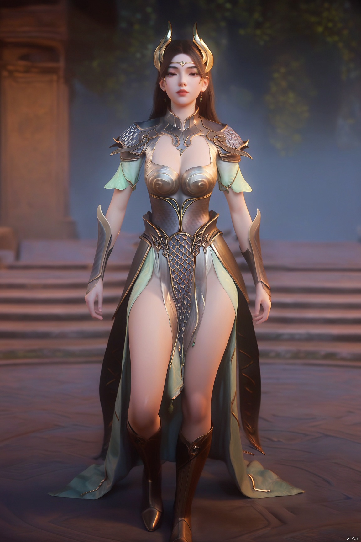 score_9, score_8_up, score_7_up,highly detailed digital,1girl, solo, long hair, breasts, brown eyes,looking at viewer, dress, cleavage, medium breasts, standing, full body, closed eyes, boots, armor, shoulder armor, pelvic curtain, 