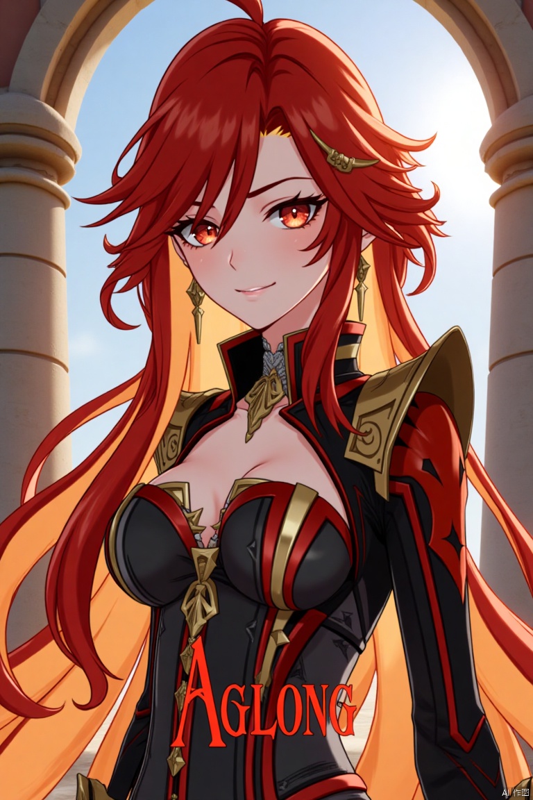 A solo girl with long, multicolored hair (red and orange) and red eyes, wearing jewelry and small earrings, stands in a dynamic pose. She has bangs and her hair falls between her eyes. She wears shoulder armor and pauldrons, looking directly at the viewer with a closed-mouth smile. The shot is framed with a pillar or column in the background, emphasizing her upper body. The composition is cinematic with high contrast and sharp focus, creating a dramatic atmosphere. A movie poster-style background features three-dimensional text AGlong in the middle below, adding depth and detail to the scene.