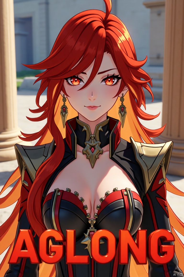 A solo girl with long, multicolored hair (red and orange) and red eyes, wearing jewelry and small earrings, stands in a dynamic pose. She has bangs and her hair falls between her eyes. She wears shoulder armor and pauldrons, looking directly at the viewer with a closed-mouth smile. The shot is framed with a pillar or column in the background, emphasizing her upper body. The composition is cinematic with high contrast and sharp focus, creating a dramatic atmosphere. A movie poster-style background features three-dimensional text AGlong in the middle below, adding depth and detail to the scene.
