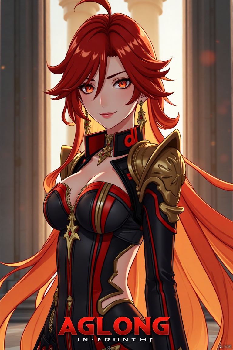 A solo girl with long, multicolored hair (red and orange) and red eyes, wearing jewelry and small earrings, stands in a dynamic pose. She has bangs and her hair falls between her eyes. She wears shoulder armor and pauldrons, looking directly at the viewer with a closed-mouth smile. The shot is framed with a pillar or column in the background, emphasizing her upper body. The composition is cinematic with high contrast and sharp focus, creating a dramatic atmosphere. A movie poster-style background features three-dimensional text AGlong in the middle below, adding depth and detail to the scene.
