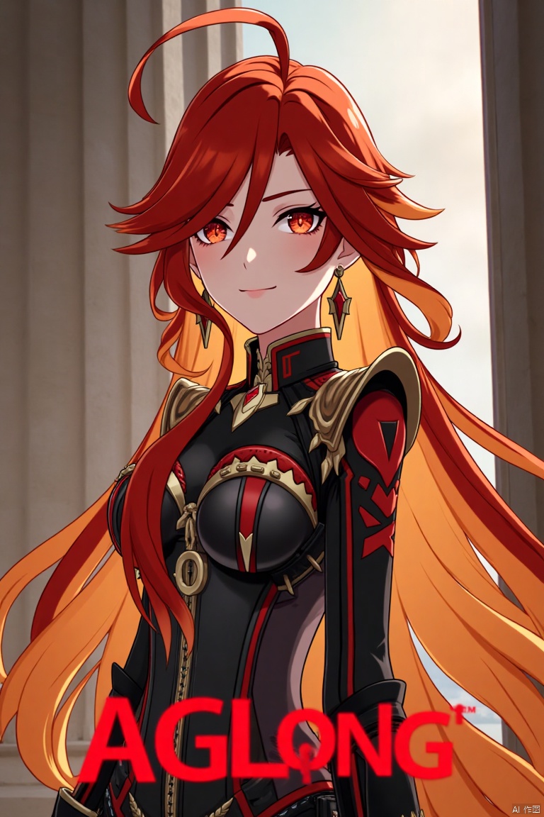 A solo girl with long, multicolored hair (red and orange) and red eyes, wearing jewelry and small earrings, stands in a dynamic pose. She has bangs and her hair falls between her eyes. She wears shoulder armor and pauldrons, looking directly at the viewer with a closed-mouth smile. The shot is framed with a pillar or column in the background, emphasizing her upper body. The composition is cinematic with high contrast and sharp focus, creating a dramatic atmosphere. A movie poster-style background features three-dimensional text AGlong in the middle below, adding depth and detail to the scene.