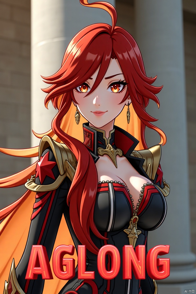 A solo girl with long, multicolored hair (red and orange) and red eyes, wearing jewelry and small earrings, stands in a dynamic pose. She has bangs and her hair falls between her eyes. She wears shoulder armor and pauldrons, looking directly at the viewer with a closed-mouth smile. The shot is framed with a pillar or column in the background, emphasizing her upper body. The composition is cinematic with high contrast and sharp focus, creating a dramatic atmosphere. A movie poster-style background features three-dimensional text AGlong in the middle below, adding depth and detail to the scene.