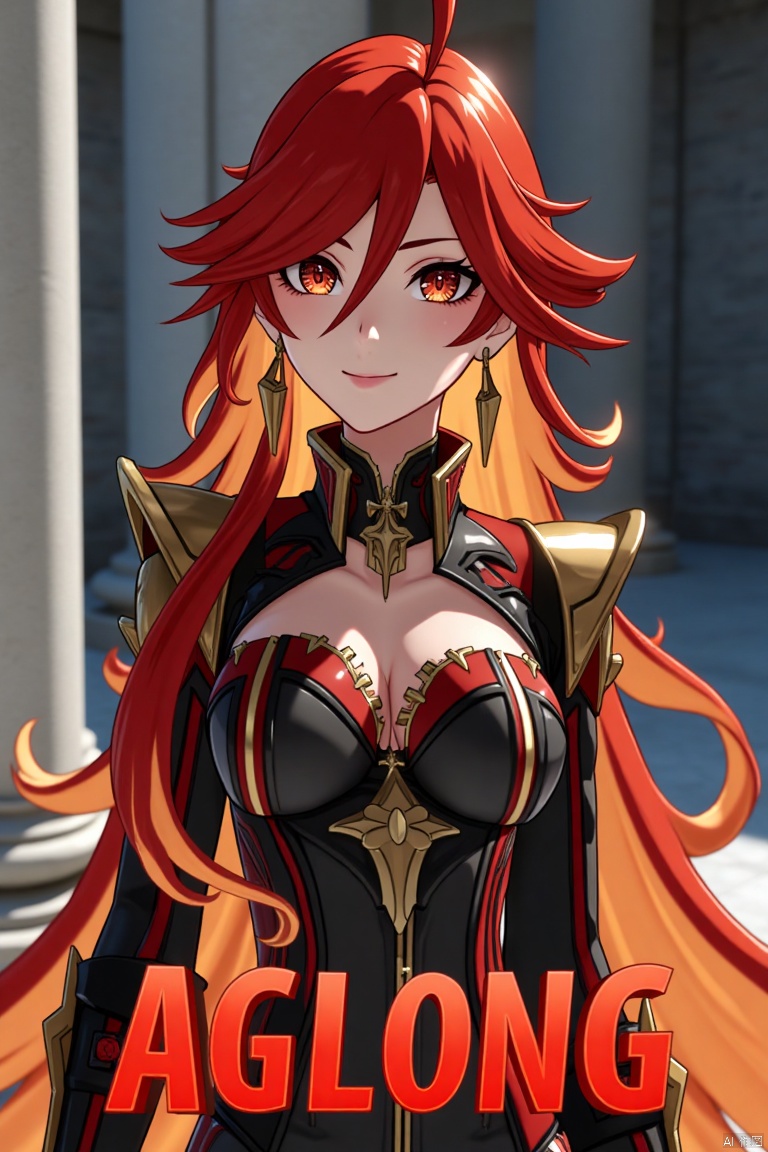A solo girl with long, multicolored hair (red and orange) and red eyes, wearing jewelry and small earrings, stands in a dynamic pose. She has bangs and her hair falls between her eyes. She wears shoulder armor and pauldrons, looking directly at the viewer with a closed-mouth smile. The shot is framed with a pillar or column in the background, emphasizing her upper body. The composition is cinematic with high contrast and sharp focus, creating a dramatic atmosphere. A movie poster-style background features three-dimensional text AGlong in the middle below, adding depth and detail to the scene.
