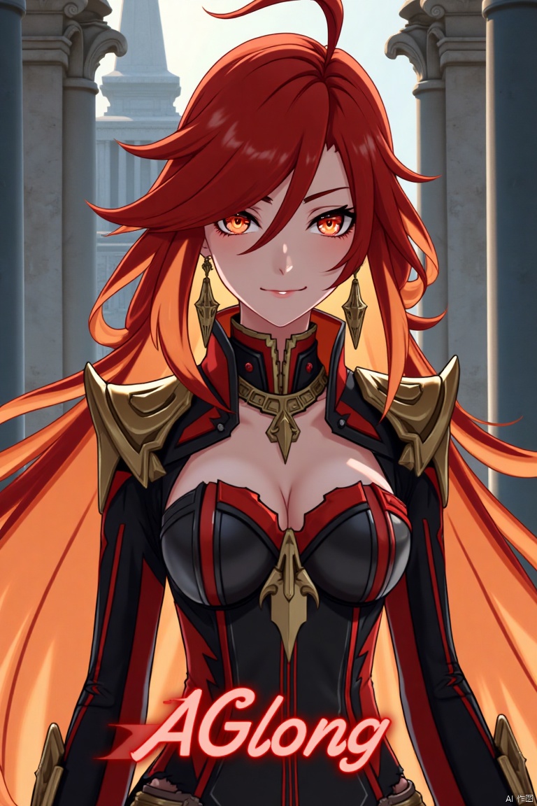A solo girl with long, multicolored hair (red and orange) and red eyes, wearing jewelry and small earrings, stands in a dynamic pose. She has bangs and her hair falls between her eyes. She wears shoulder armor and pauldrons, looking directly at the viewer with a closed-mouth smile. The shot is framed with a pillar or column in the background, emphasizing her upper body. The composition is cinematic with high contrast and sharp focus, creating a dramatic atmosphere. A movie poster-style background features three-dimensional text AGlong in the middle below, adding depth and detail to the scene.