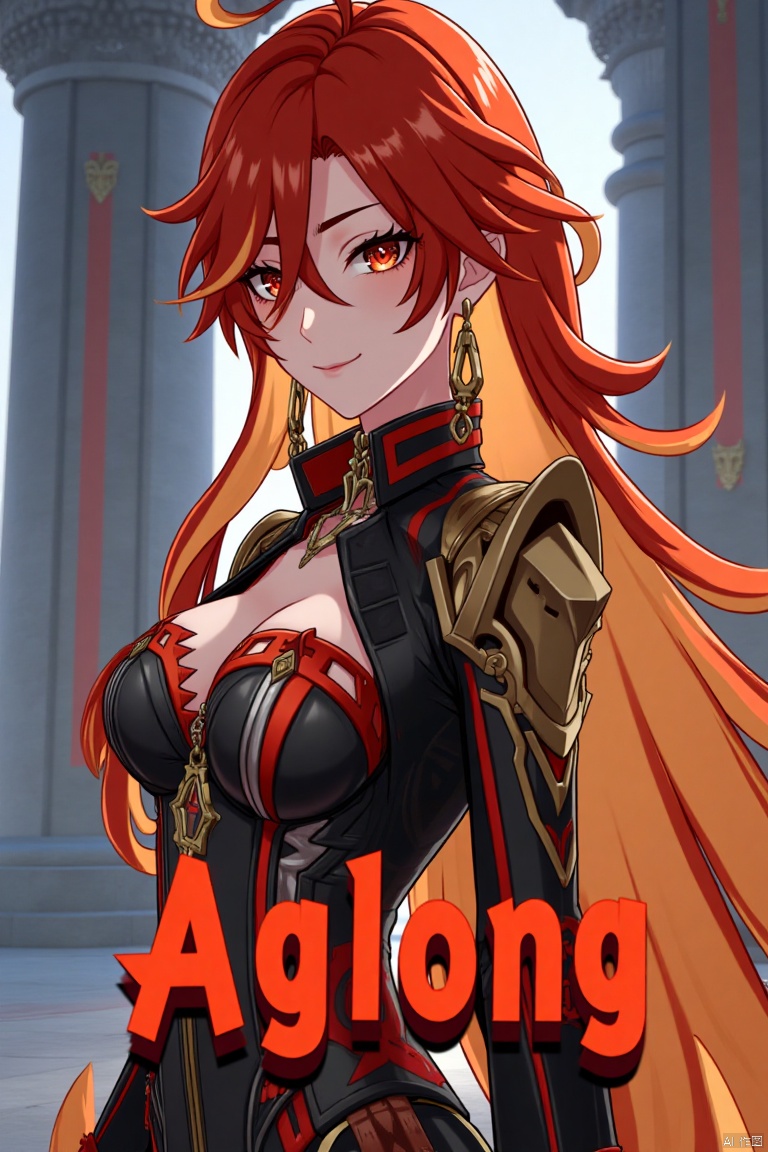 A solo girl with long, multicolored hair (red and orange) and red eyes, wearing jewelry and small earrings, stands in a dynamic pose. She has bangs and her hair falls between her eyes. She wears shoulder armor and pauldrons, looking directly at the viewer with a closed-mouth smile. The shot is framed with a pillar or column in the background, emphasizing her upper body. The composition is cinematic with high contrast and sharp focus, creating a dramatic atmosphere. A movie poster-style background features three-dimensional text AGlong in the middle below, adding depth and detail to the scene.