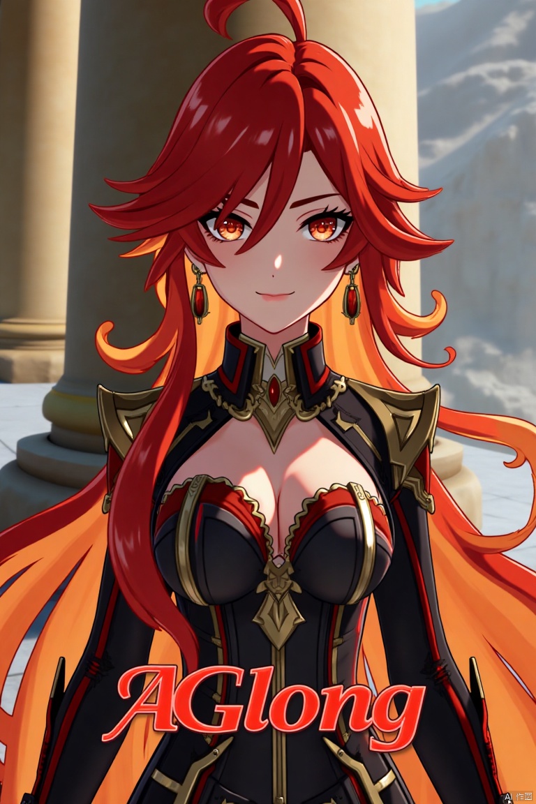 A solo girl with long, multicolored hair (red and orange) and red eyes, wearing jewelry and small earrings, stands in a dynamic pose. She has bangs and her hair falls between her eyes. She wears shoulder armor and pauldrons, looking directly at the viewer with a closed-mouth smile. The shot is framed with a pillar or column in the background, emphasizing her upper body. The composition is cinematic with high contrast and sharp focus, creating a dramatic atmosphere. A movie poster-style background features three-dimensional text AGlong in the middle below, adding depth and detail to the scene.