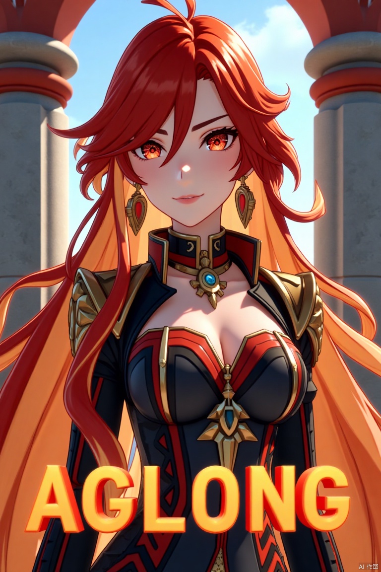 A solo girl with long, multicolored hair (red and orange) and red eyes, wearing jewelry and small earrings, stands in a dynamic pose. She has bangs and her hair falls between her eyes. She wears shoulder armor and pauldrons, looking directly at the viewer with a closed-mouth smile. The shot is framed with a pillar or column in the background, emphasizing her upper body. The composition is cinematic with high contrast and sharp focus, creating a dramatic atmosphere. A movie poster-style background features three-dimensional text AGlong in the middle below, adding depth and detail to the scene.