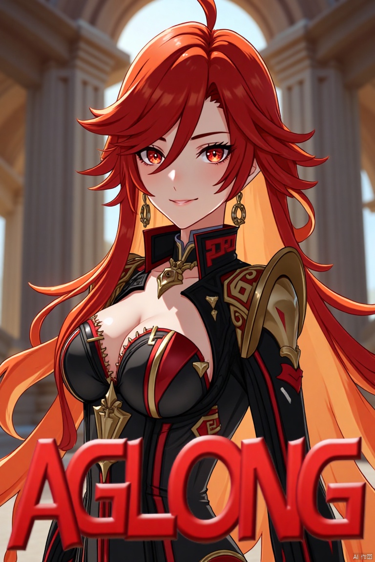 A solo girl with long, multicolored hair (red and orange) and red eyes, wearing jewelry and small earrings, stands in a dynamic pose. She has bangs and her hair falls between her eyes. She wears shoulder armor and pauldrons, looking directly at the viewer with a closed-mouth smile. The shot is framed with a pillar or column in the background, emphasizing her upper body. The composition is cinematic with high contrast and sharp focus, creating a dramatic atmosphere. A movie poster-style background features three-dimensional text AGlong in the middle below, adding depth and detail to the scene.