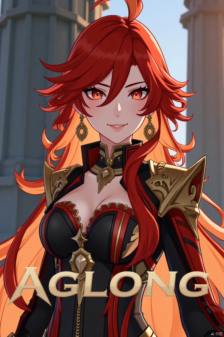 A solo girl with long, multicolored hair (red and orange) and red eyes, wearing jewelry and small earrings, stands in a dynamic pose. She has bangs and her hair falls between her eyes. She wears shoulder armor and pauldrons, looking directly at the viewer with a closed-mouth smile. The shot is framed with a pillar or column in the background, emphasizing her upper body. The composition is cinematic with high contrast and sharp focus, creating a dramatic atmosphere. A movie poster-style background features three-dimensional text AGlong in the middle below, adding depth and detail to the scene.