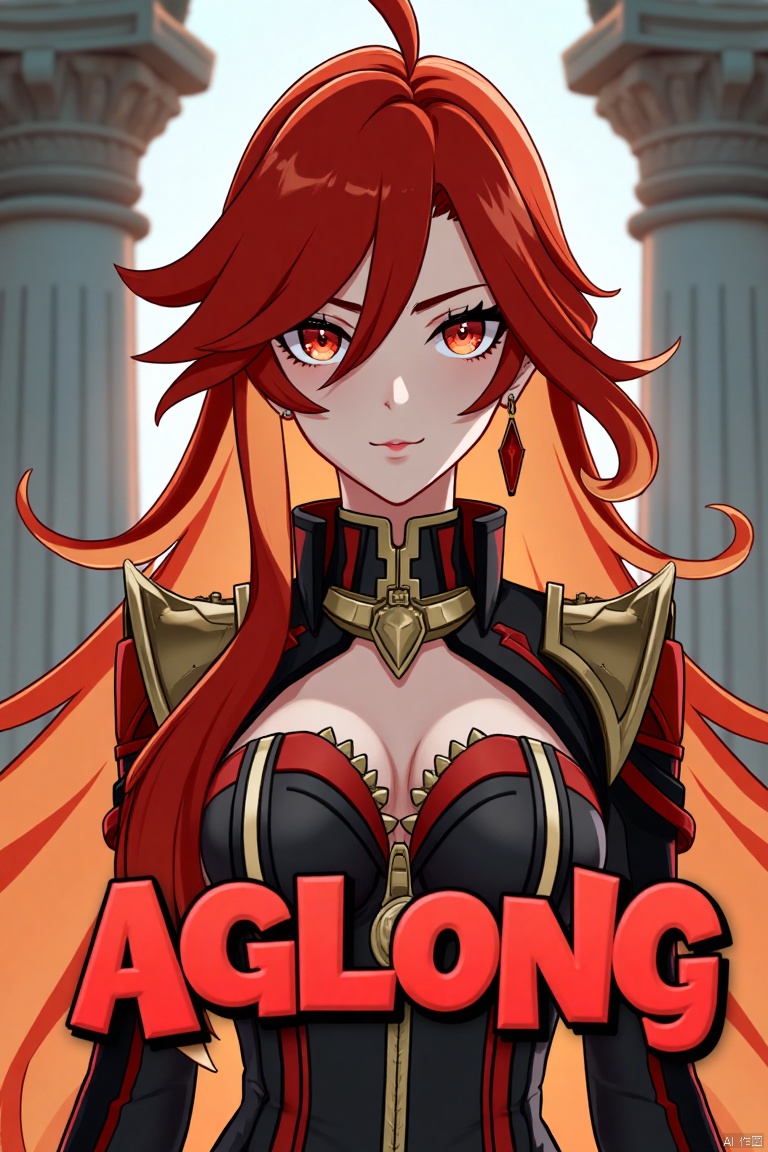 A solo girl with long, multicolored hair (red and orange) and red eyes, wearing jewelry and small earrings, stands in a dynamic pose. She has bangs and her hair falls between her eyes. She wears shoulder armor and pauldrons, looking directly at the viewer with a closed-mouth smile. The shot is framed with a pillar or column in the background, emphasizing her upper body. The composition is cinematic with high contrast and sharp focus, creating a dramatic atmosphere. A movie poster-style background features three-dimensional text AGlong in the middle below, adding depth and detail to the scene.
