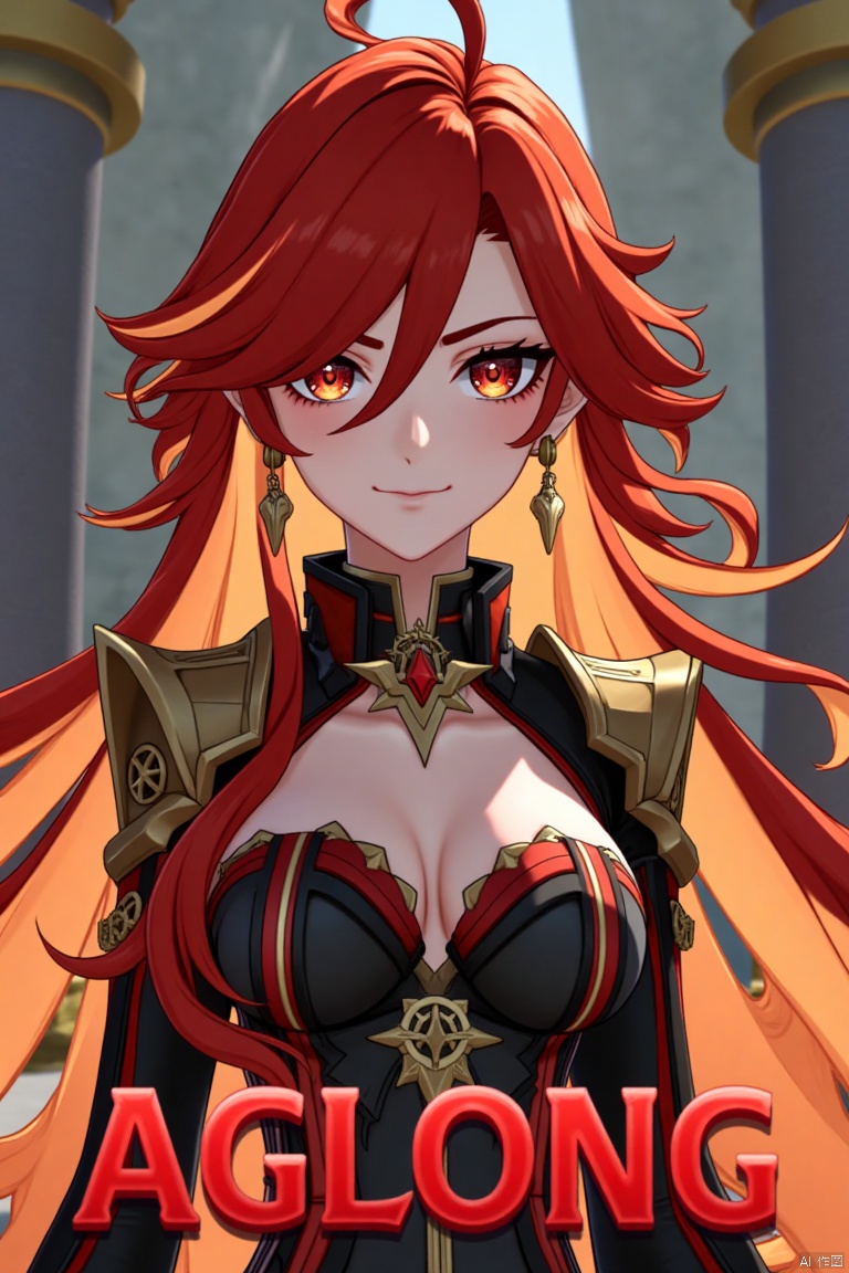 A solo girl with long, multicolored hair (red and orange) and red eyes, wearing jewelry and small earrings, stands in a dynamic pose. She has bangs and her hair falls between her eyes. She wears shoulder armor and pauldrons, looking directly at the viewer with a closed-mouth smile. The shot is framed with a pillar or column in the background, emphasizing her upper body. The composition is cinematic with high contrast and sharp focus, creating a dramatic atmosphere. A movie poster-style background features three-dimensional text AGlong in the middle below, adding depth and detail to the scene.