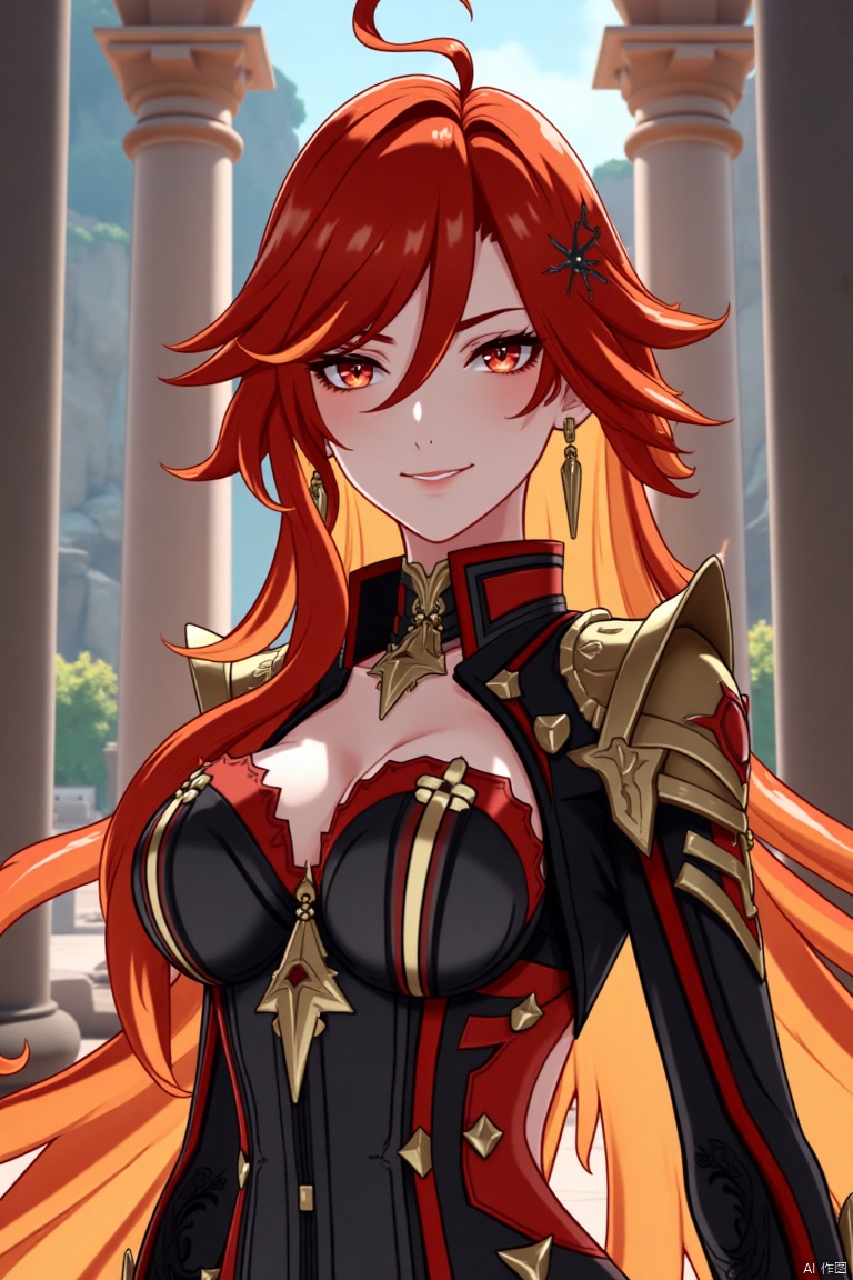 A solo girl with long, multicolored hair (red and orange) and red eyes, wearing jewelry and small earrings, stands in a dynamic pose. She has bangs and her hair falls between her eyes. She wears shoulder armor and pauldrons, looking directly at the viewer with a closed-mouth smile. The shot is framed with a pillar or column in the background, emphasizing her upper body. The composition is cinematic with high contrast and sharp focus, creating a dramatic atmosphere. A movie poster-style background features three-dimensional text AGlong in the middle below, adding depth and detail to the scene.
