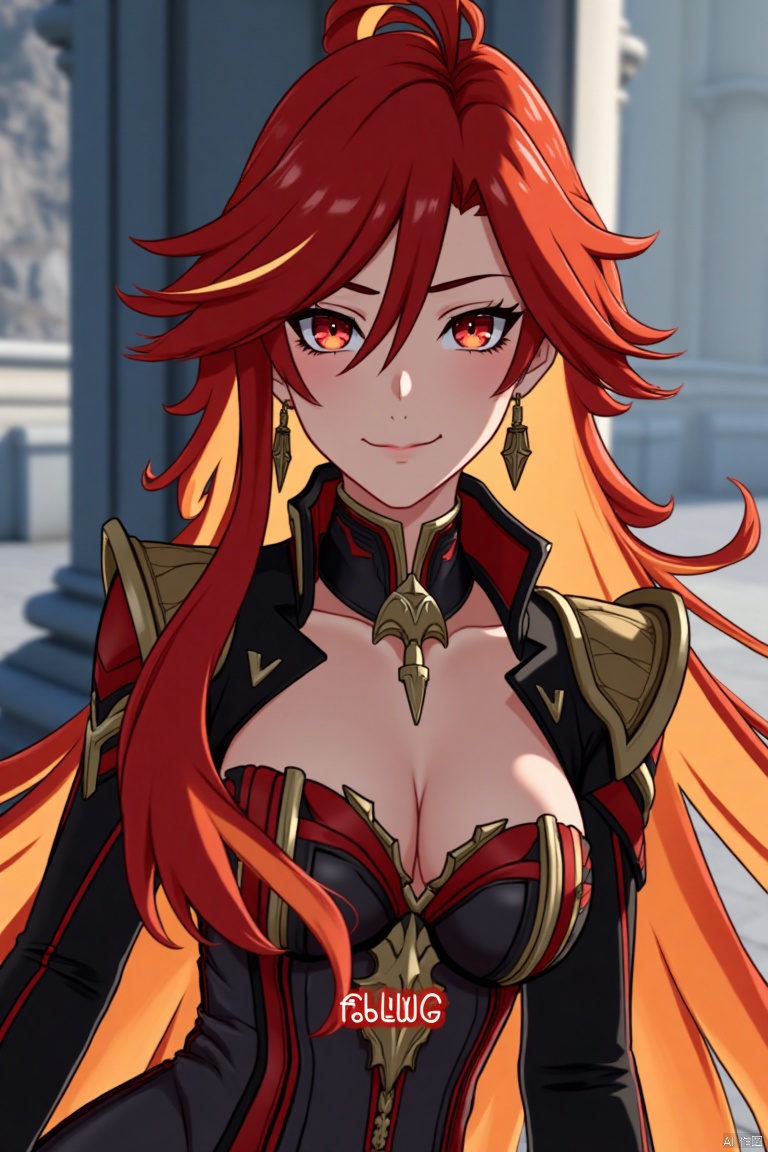 A solo girl with long, multicolored hair (red and orange) and red eyes, wearing jewelry and small earrings, stands in a dynamic pose. She has bangs and her hair falls between her eyes. She wears shoulder armor and pauldrons, looking directly at the viewer with a closed-mouth smile. The shot is framed with a pillar or column in the background, emphasizing her upper body. The composition is cinematic with high contrast and sharp focus, creating a dramatic atmosphere. A movie poster-style background features three-dimensional text AGlong in the middle below, adding depth and detail to the scene.