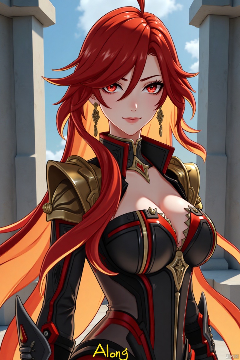 A solo girl with long, multicolored hair (red and orange) and red eyes, wearing jewelry and small earrings, stands in a dynamic pose. She has bangs and her hair falls between her eyes. She wears shoulder armor and pauldrons, looking directly at the viewer with a closed-mouth smile. The shot is framed with a pillar or column in the background, emphasizing her upper body. The composition is cinematic with high contrast and sharp focus, creating a dramatic atmosphere. A movie poster-style background features three-dimensional text AGlong in the middle below, adding depth and detail to the scene.