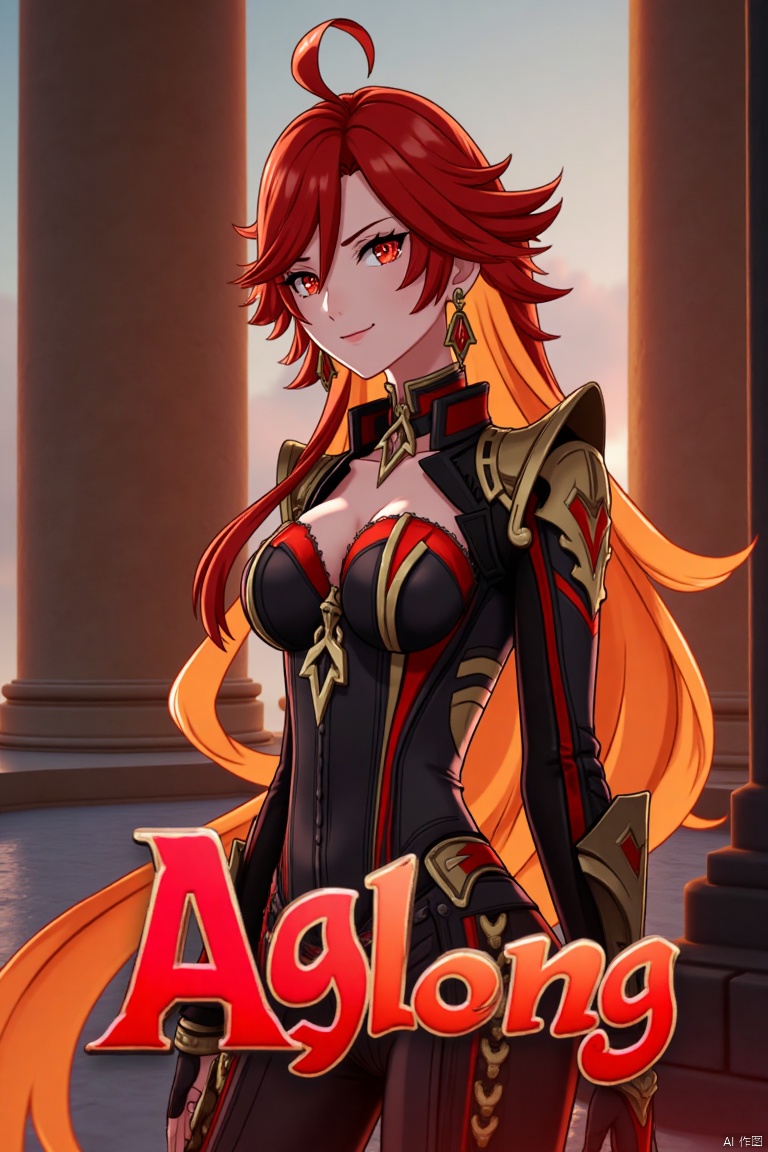 A solo girl with long, multicolored hair (red and orange) and red eyes, wearing jewelry and small earrings, stands in a dynamic pose. She has bangs and her hair falls between her eyes. She wears shoulder armor and pauldrons, looking directly at the viewer with a closed-mouth smile. The shot is framed with a pillar or column in the background, emphasizing her upper body. The composition is cinematic with high contrast and sharp focus, creating a dramatic atmosphere. A movie poster-style background features three-dimensional text AGlong in the middle below, adding depth and detail to the scene.