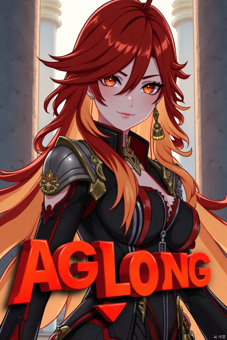 A solo girl with long, multicolored hair (red and orange) and red eyes, wearing jewelry and small earrings, stands in a dynamic pose. She has bangs and her hair falls between her eyes. She wears shoulder armor and pauldrons, looking directly at the viewer with a closed-mouth smile. The shot is framed with a pillar or column in the background, emphasizing her upper body. The composition is cinematic with high contrast and sharp focus, creating a dramatic atmosphere. A movie poster-style background features three-dimensional text AGlong in the middle below, adding depth and detail to the scene.