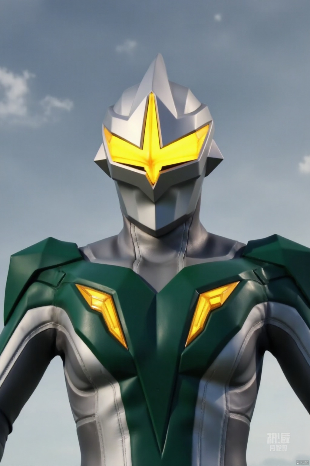 ultraman,silver bodysuit,silver gloves,legwear,gloves,boots,cover,mask,plugsuit,armor,bodysuit,green pattern on body,silver tight-fitting,silver footwear,helmet,leather suit,latex,tokusatsu,no humans,science fiction,silver head,hard mask,no smile,no eyes,no nose,solo,silver rubber bodysuit with green line,Mirrorknight