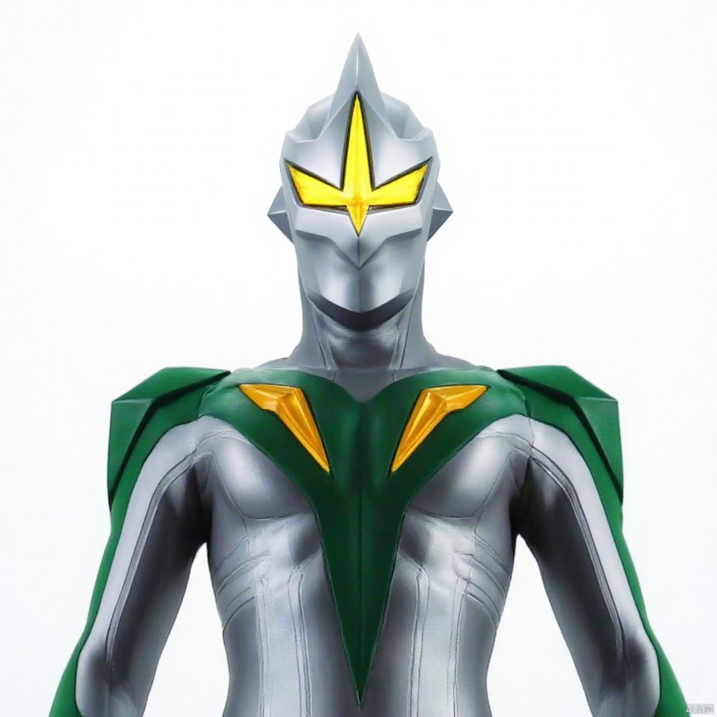 ultraman,silver bodysuit,silver gloves,legwear,gloves,boots,cover,mask,plugsuit,armor,bodysuit,green pattern on body,silver tight-fitting,silver footwear,helmet,leather suit,latex,tokusatsu,no humans,science fiction,silver head,hard mask,no smile,no eyes,no nose,solo,silver rubber bodysuit with green line,Mirrorknight