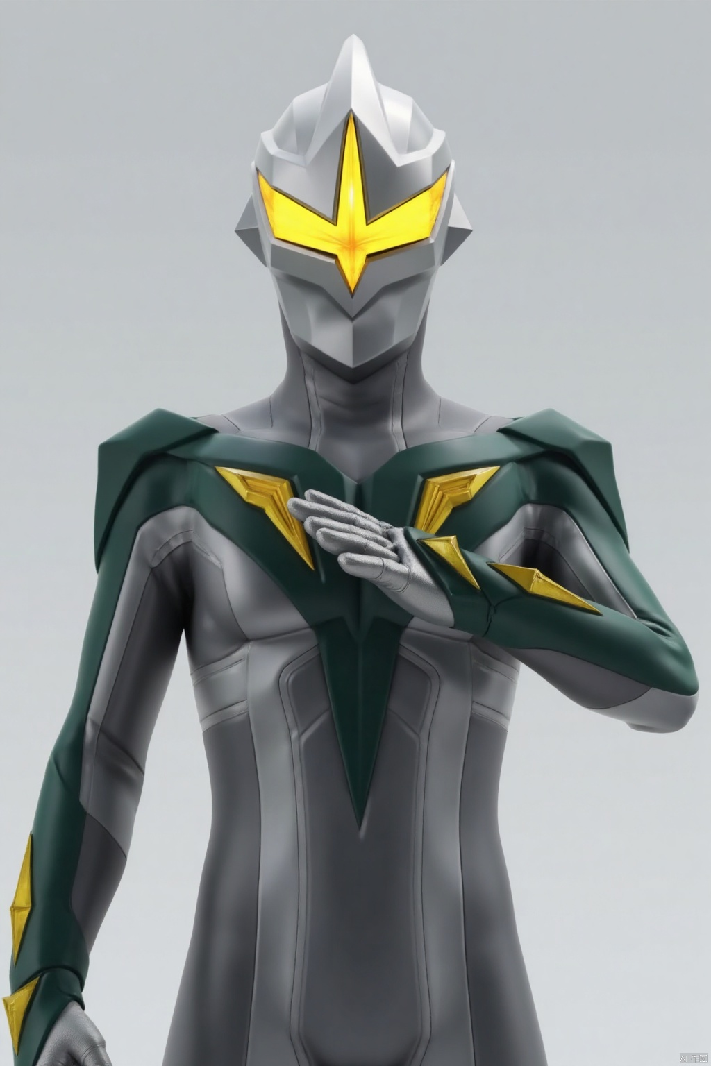 ultraman,silver bodysuit,silver gloves,legwear,gloves,boots,cover,mask,plugsuit,armor,bodysuit,green pattern on body,silver tight-fitting,silver footwear,helmet,leather suit,latex,tokusatsu,no humans,science fiction,silver head,hard mask,no smile,no eyes,no nose,solo,silver rubber bodysuit with green line,Mirrorknight