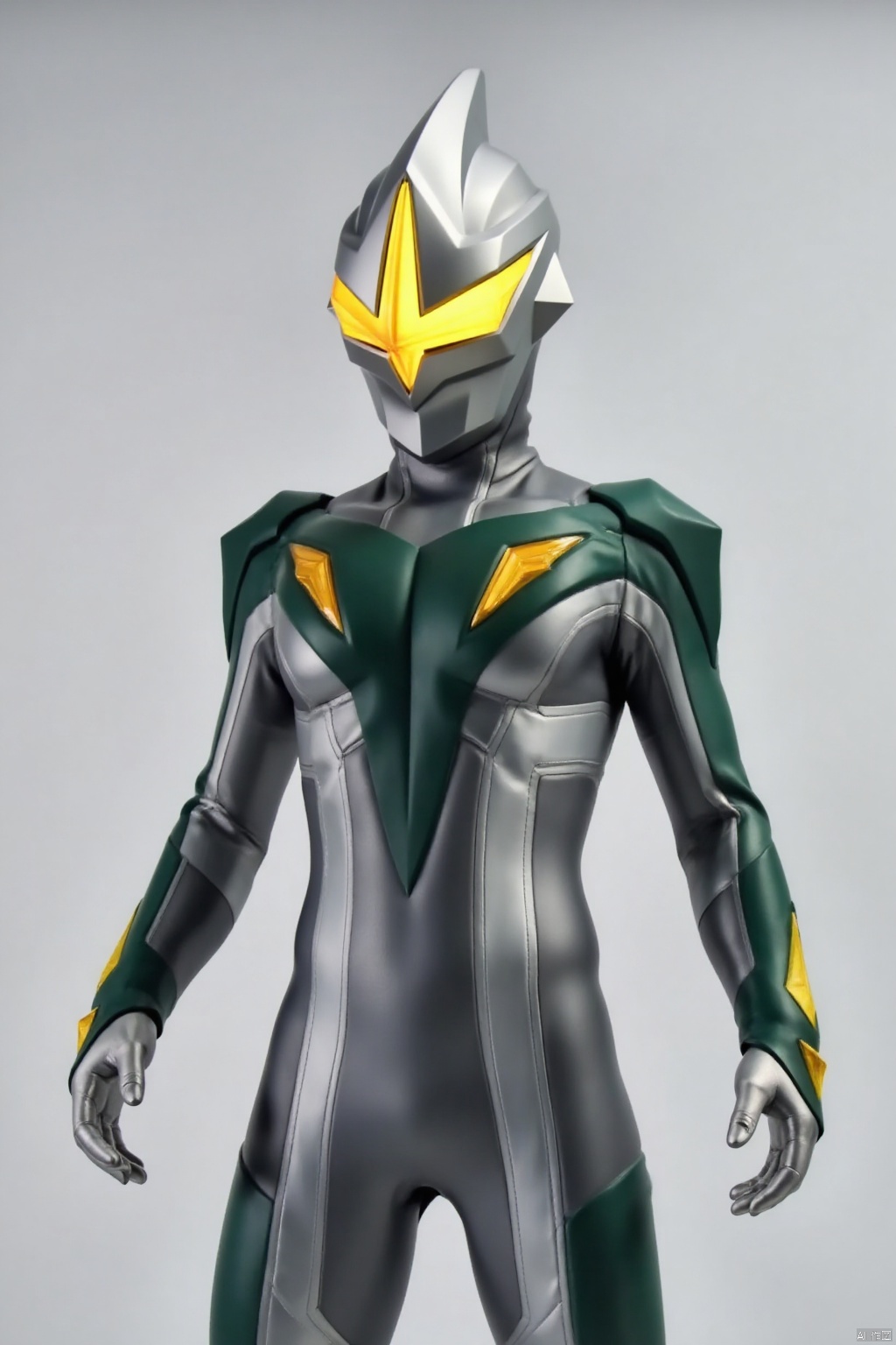 ultraman,silver bodysuit,silver gloves,legwear,gloves,boots,cover,mask,plugsuit,armor,bodysuit,green pattern on body,silver tight-fitting,silver footwear,helmet,leather suit,latex,tokusatsu,no humans,science fiction,silver head,hard mask,no smile,no eyes,no nose,solo,silver rubber bodysuit with green line,Mirrorknight