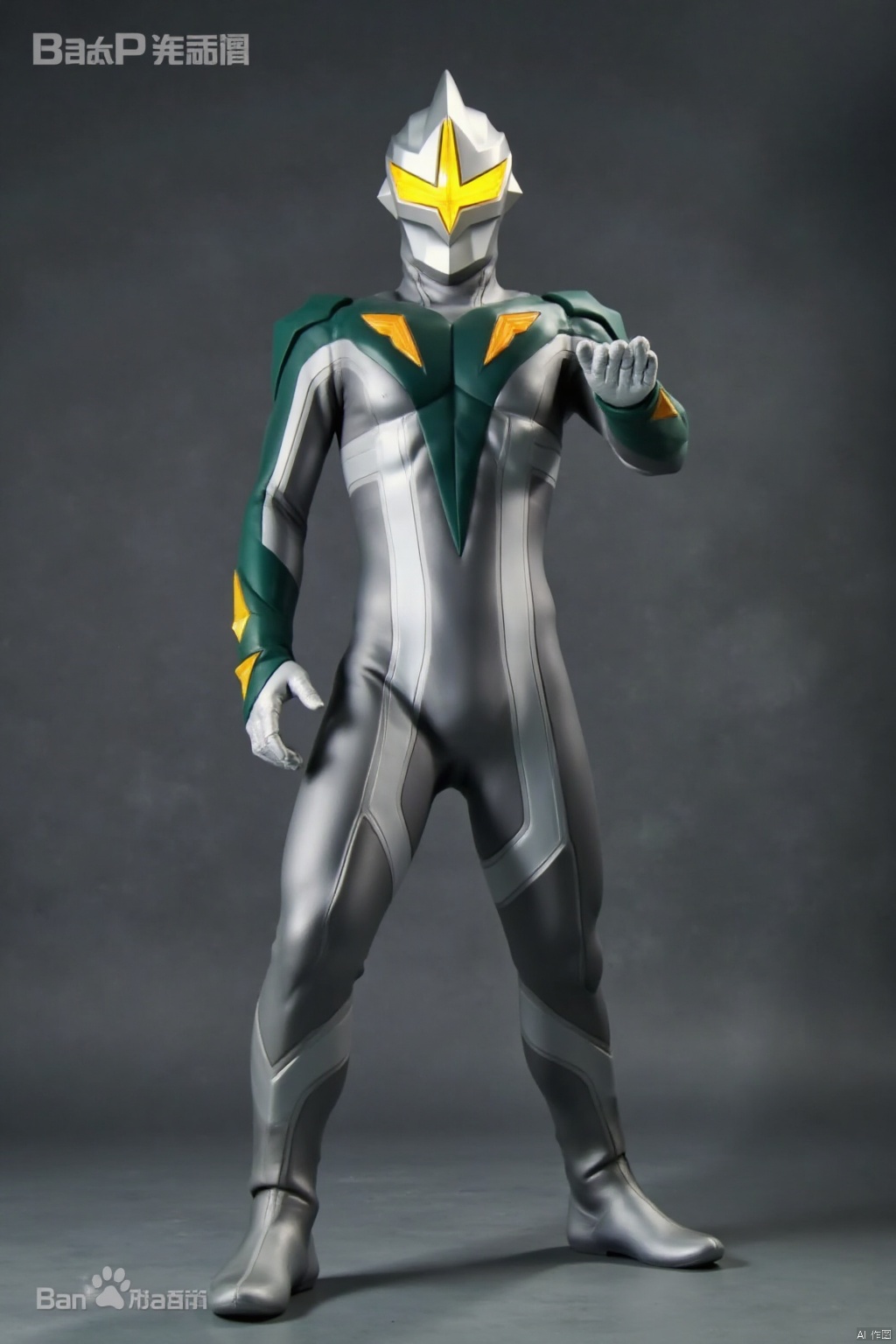 ultraman,silver bodysuit,silver gloves,legwear,gloves,boots,cover,mask,plugsuit,armor,bodysuit,green pattern on body,silver tight-fitting,silver footwear,helmet,leather suit,latex,tokusatsu,no humans,science fiction,silver head,hard mask,no smile,no eyes,no nose,solo,silver rubber bodysuit with green line,Mirrorknight