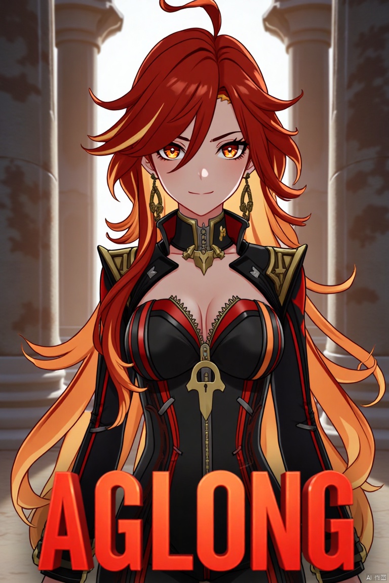 A solo girl with long, multicolored hair (red and orange) and red eyes, wearing jewelry and small breast armor with pauldrons. She has bangs and a smile, with her hair slightly covering her eyes. She stands in front of a pillar or column, looking directly at the viewer. The composition is dynamic, with cinematic lighting and high contrast, creating a dramatic atmosphere. The background is detailed, fitting a movie poster theme, with three-dimensional text AGlong prominently displayed below her. The shot focuses sharply on her upper body, emphasizing her expression and attire.