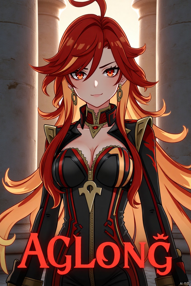 A solo girl with long, multicolored hair (red and orange) and red eyes, wearing jewelry and small breast armor with pauldrons. She has bangs and a smile, with her hair slightly covering her eyes. She stands in front of a pillar or column, looking directly at the viewer. The composition is dynamic, with cinematic lighting and high contrast, creating a dramatic atmosphere. The background is detailed, fitting a movie poster theme, with three-dimensional text AGlong prominently displayed below her. The shot focuses sharply on her upper body, emphasizing her expression and attire.