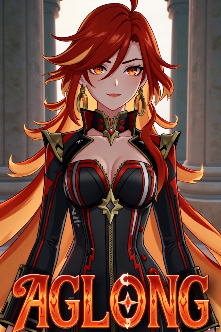 A solo girl with long, multicolored hair (red and orange) and red eyes, wearing jewelry and small breast armor with pauldrons. She has bangs and a smile, with her hair slightly covering her eyes. She stands in front of a pillar or column, looking directly at the viewer. The composition is dynamic, with cinematic lighting and high contrast, creating a dramatic atmosphere. The background is detailed, fitting a movie poster theme, with three-dimensional text AGlong prominently displayed below her. The shot focuses sharply on her upper body, emphasizing her expression and attire.