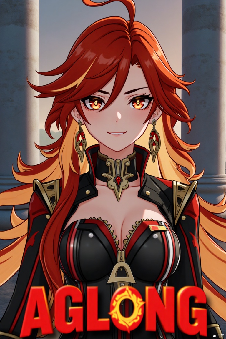 A solo girl with long, multicolored hair (red and orange) and red eyes, wearing jewelry and small breast armor with pauldrons. She has bangs and a smile, with her hair slightly covering her eyes. She stands in front of a pillar or column, looking directly at the viewer. The composition is dynamic, with cinematic lighting and high contrast, creating a dramatic atmosphere. The background is detailed, fitting a movie poster theme, with three-dimensional text AGlong prominently displayed below her. The shot focuses sharply on her upper body, emphasizing her expression and attire.