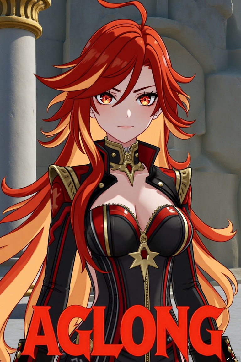 A solo girl with long, multicolored hair (red and orange) and red eyes, wearing jewelry and small breast armor with pauldrons. She has bangs and a smile, with her hair slightly covering her eyes. She stands in front of a pillar or column, looking directly at the viewer. The composition is dynamic, with cinematic lighting and high contrast, creating a dramatic atmosphere. The background is detailed, fitting a movie poster theme, with three-dimensional text AGlong prominently displayed below her. The shot focuses sharply on her upper body, emphasizing her expression and attire.