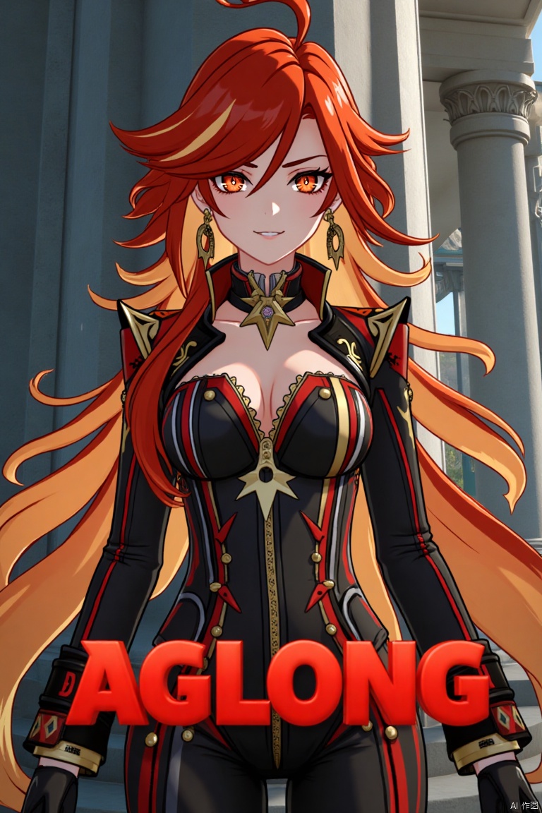 A solo girl with long, multicolored hair (red and orange) and red eyes, wearing jewelry and small breast armor with pauldrons. She has bangs and a smile, with her hair slightly covering her eyes. She stands in front of a pillar or column, looking directly at the viewer. The composition is dynamic, with cinematic lighting and high contrast, creating a dramatic atmosphere. The background is detailed, fitting a movie poster theme, with three-dimensional text AGlong prominently displayed below her. The shot focuses sharply on her upper body, emphasizing her expression and attire.