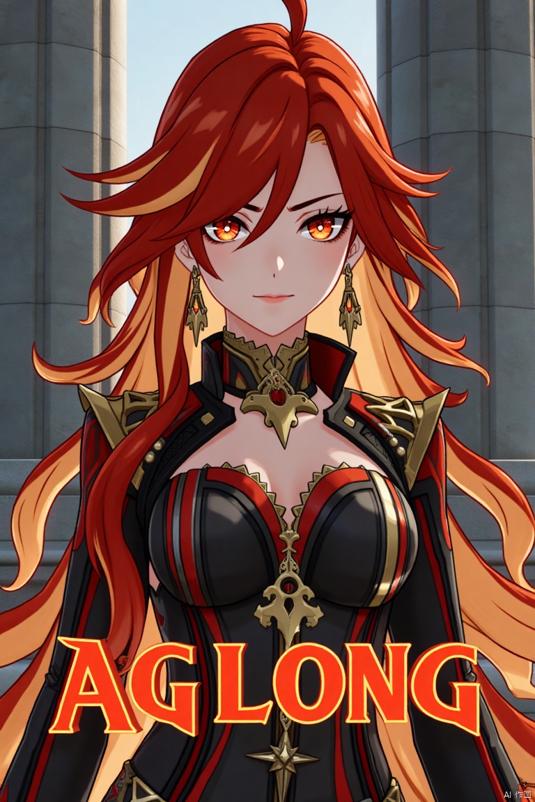 A solo girl with long, multicolored hair (red and orange) and red eyes, wearing jewelry and small breast armor with pauldrons. She has bangs and a smile, with her hair slightly covering her eyes. She stands in front of a pillar or column, looking directly at the viewer. The composition is dynamic, with cinematic lighting and high contrast, creating a dramatic atmosphere. The background is detailed, fitting a movie poster theme, with three-dimensional text AGlong prominently displayed below her. The shot focuses sharply on her upper body, emphasizing her expression and attire.