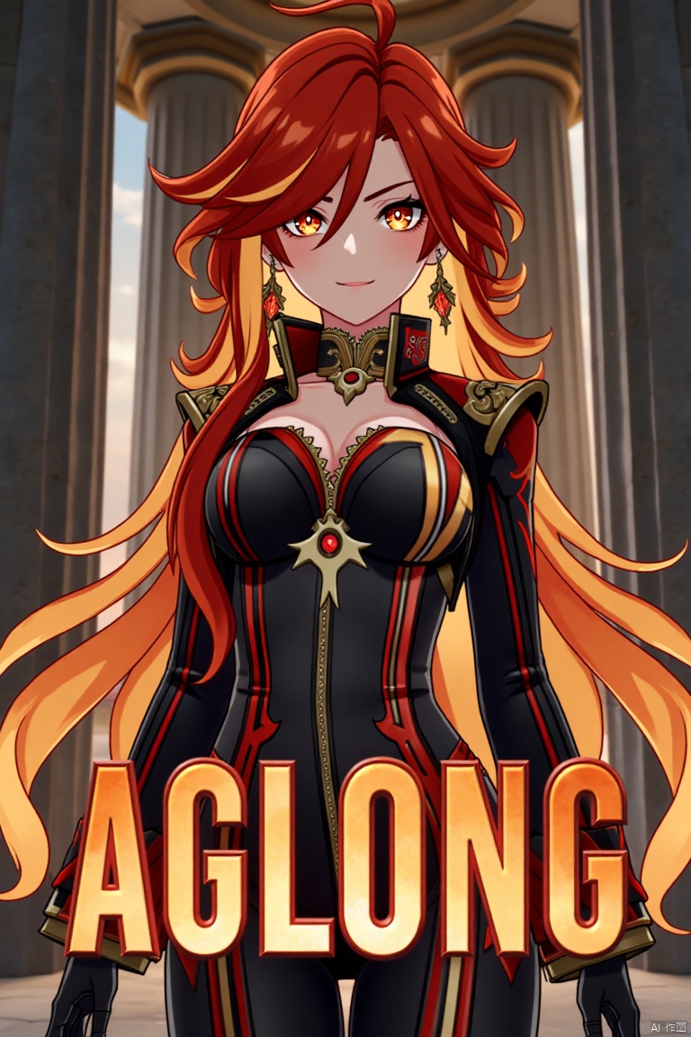 A solo girl with long, multicolored hair (red and orange) and red eyes, wearing jewelry and small breast armor with pauldrons. She has bangs and a smile, with her hair slightly covering her eyes. She stands in front of a pillar or column, looking directly at the viewer. The composition is dynamic, with cinematic lighting and high contrast, creating a dramatic atmosphere. The background is detailed, fitting a movie poster theme, with three-dimensional text AGlong prominently displayed below her. The shot focuses sharply on her upper body, emphasizing her expression and attire.