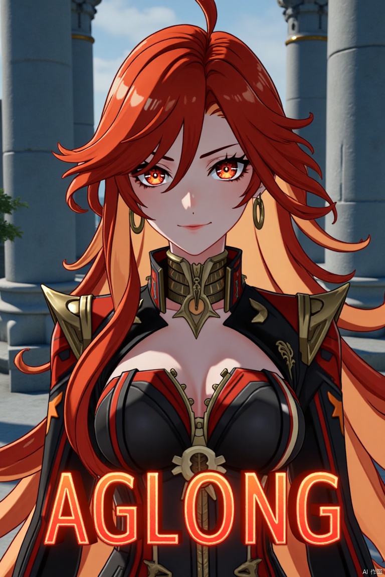 A solo girl with long, multicolored hair (red and orange) and red eyes, wearing jewelry and small breast armor with pauldrons. She has bangs and a smile, with her hair slightly covering her eyes. She stands in front of a pillar or column, looking directly at the viewer. The composition is dynamic, with cinematic lighting and high contrast, creating a dramatic atmosphere. The background is detailed, fitting a movie poster theme, with three-dimensional text AGlong prominently displayed below her. The shot focuses sharply on her upper body, emphasizing her expression and attire.