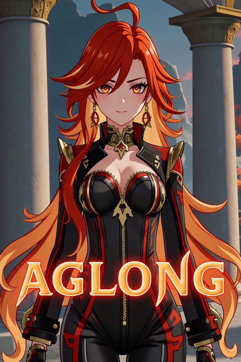 A solo girl with long, multicolored hair (red and orange) and red eyes, wearing jewelry and small breast armor with pauldrons. She has bangs and a smile, with her hair slightly covering her eyes. She stands in front of a pillar or column, looking directly at the viewer. The composition is dynamic, with cinematic lighting and high contrast, creating a dramatic atmosphere. The background is detailed, fitting a movie poster theme, with three-dimensional text AGlong prominently displayed below her. The shot focuses sharply on her upper body, emphasizing her expression and attire.