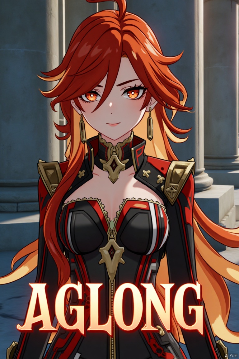 A solo girl with long, multicolored hair (red and orange) and red eyes, wearing jewelry and small breast armor with pauldrons. She has bangs and a smile, with her hair slightly covering her eyes. She stands in front of a pillar or column, looking directly at the viewer. The composition is dynamic, with cinematic lighting and high contrast, creating a dramatic atmosphere. The background is detailed, fitting a movie poster theme, with three-dimensional text AGlong prominently displayed below her. The shot focuses sharply on her upper body, emphasizing her expression and attire.