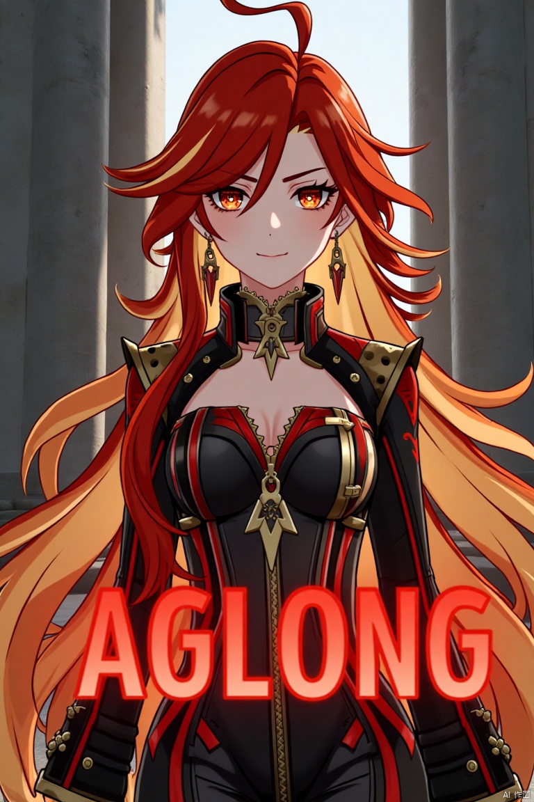 A solo girl with long, multicolored hair (red and orange) and red eyes, wearing jewelry and small breast armor with pauldrons. She has bangs and a smile, with her hair slightly covering her eyes. She stands in front of a pillar or column, looking directly at the viewer. The composition is dynamic, with cinematic lighting and high contrast, creating a dramatic atmosphere. The background is detailed, fitting a movie poster theme, with three-dimensional text AGlong prominently displayed below her. The shot focuses sharply on her upper body, emphasizing her expression and attire.