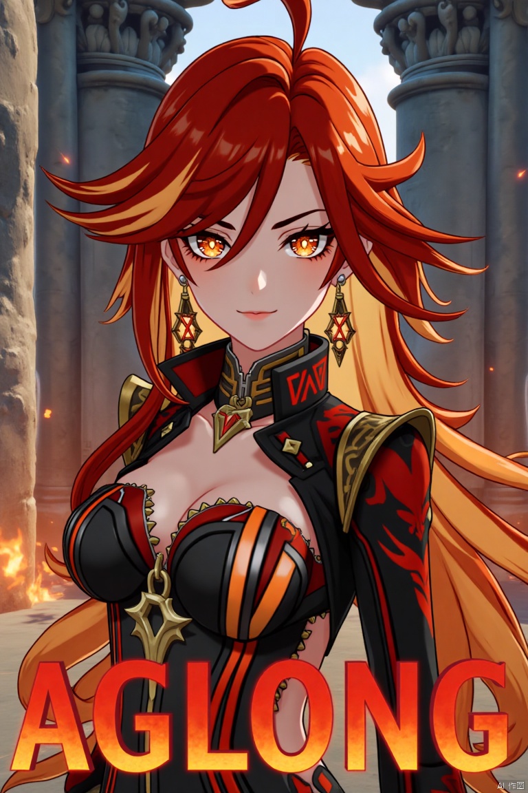 A solo girl with long, multicolored hair (red and orange) and red eyes, wearing jewelry and small breast armor with pauldrons. She has bangs and a smile, with her hair slightly covering her eyes. She stands in front of a pillar or column, looking directly at the viewer. The composition is dynamic, with cinematic lighting and high contrast, creating a dramatic atmosphere. The background is detailed, fitting a movie poster theme, with three-dimensional text AGlong prominently displayed below her. The shot focuses sharply on her upper body, emphasizing her expression and attire.