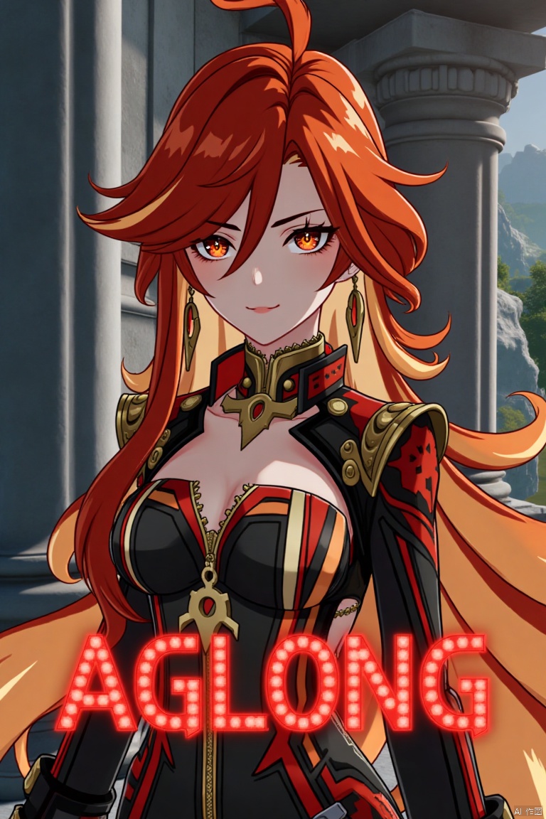 A solo girl with long, multicolored hair (red and orange) and red eyes, wearing jewelry and small breast armor with pauldrons. She has bangs and a smile, with her hair slightly covering her eyes. She stands in front of a pillar or column, looking directly at the viewer. The composition is dynamic, with cinematic lighting and high contrast, creating a dramatic atmosphere. The background is detailed, fitting a movie poster theme, with three-dimensional text AGlong prominently displayed below her. The shot focuses sharply on her upper body, emphasizing her expression and attire.