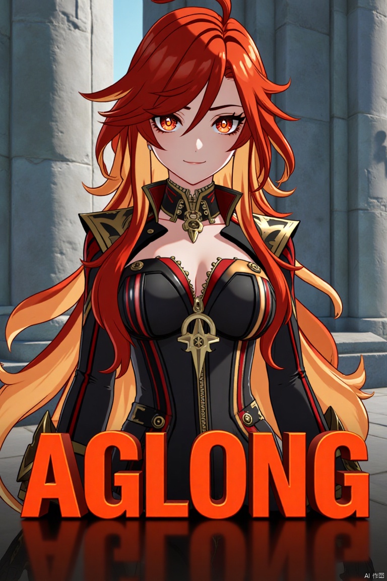 A solo girl with long, multicolored hair (red and orange) and red eyes, wearing jewelry and small breast armor with pauldrons. She has bangs and a smile, with her hair slightly covering her eyes. She stands in front of a pillar or column, looking directly at the viewer. The composition is dynamic, with cinematic lighting and high contrast, creating a dramatic atmosphere. The background is detailed, fitting a movie poster theme, with three-dimensional text AGlong prominently displayed below her. The shot focuses sharply on her upper body, emphasizing her expression and attire.