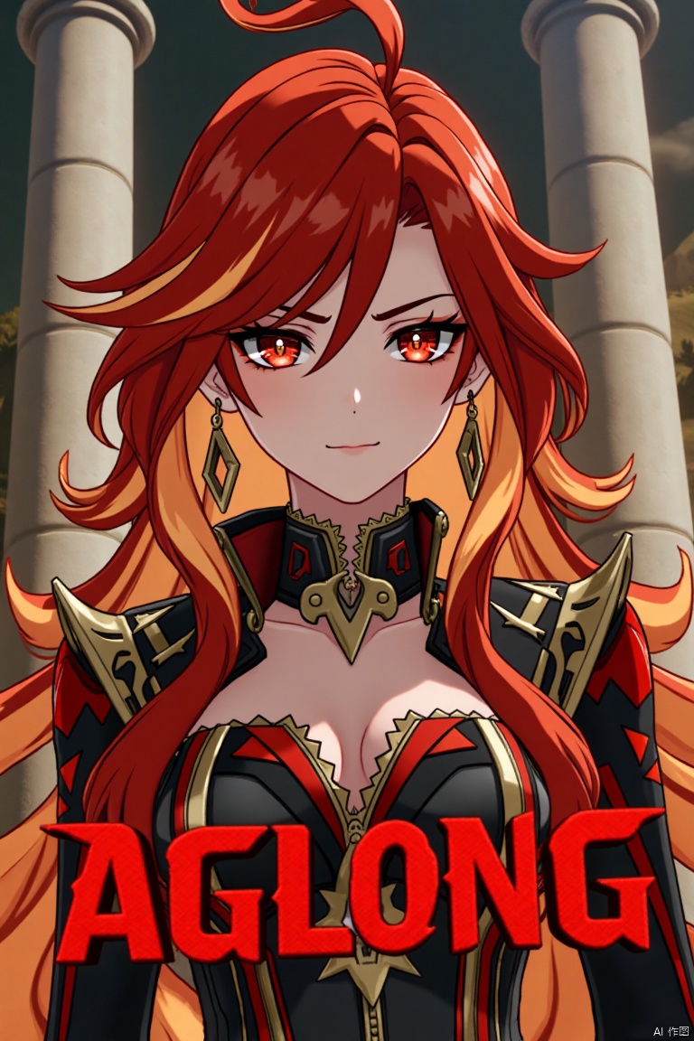 A solo girl with long, multicolored hair (red and orange) and red eyes, wearing jewelry and small breast armor with pauldrons. She has bangs and a smile, with her hair slightly covering her eyes. She stands in front of a pillar or column, looking directly at the viewer. The composition is dynamic, with cinematic lighting and high contrast, creating a dramatic atmosphere. The background is detailed, fitting a movie poster theme, with three-dimensional text AGlong prominently displayed below her. The shot focuses sharply on her upper body, emphasizing her expression and attire.
