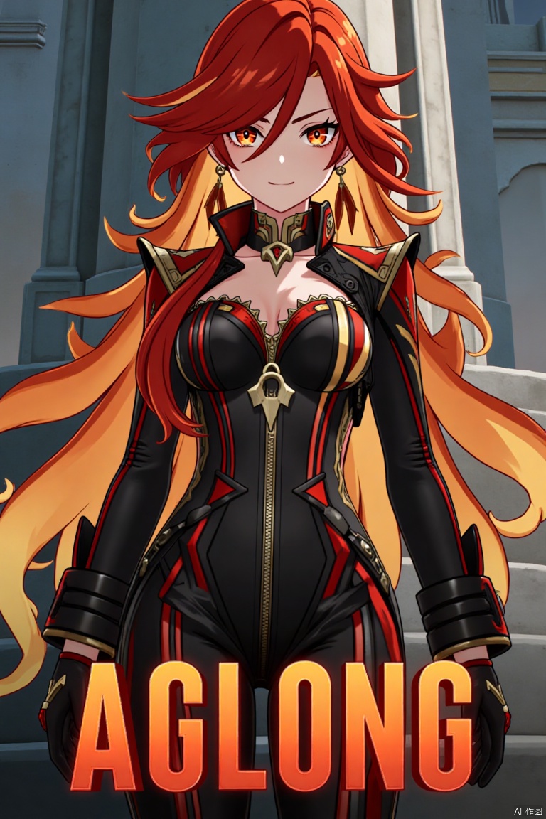 A solo girl with long, multicolored hair (red and orange) and red eyes, wearing jewelry and small breast armor with pauldrons. She has bangs and a smile, with her hair slightly covering her eyes. She stands in front of a pillar or column, looking directly at the viewer. The composition is dynamic, with cinematic lighting and high contrast, creating a dramatic atmosphere. The background is detailed, fitting a movie poster theme, with three-dimensional text AGlong prominently displayed below her. The shot focuses sharply on her upper body, emphasizing her expression and attire.