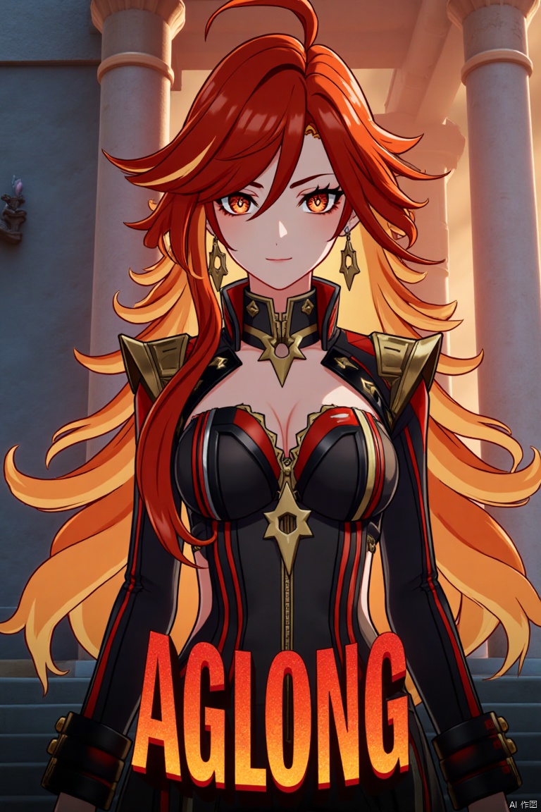 A solo girl with long, multicolored hair (red and orange) and red eyes, wearing jewelry and small breast armor with pauldrons. She has bangs and a smile, with her hair slightly covering her eyes. She stands in front of a pillar or column, looking directly at the viewer. The composition is dynamic, with cinematic lighting and high contrast, creating a dramatic atmosphere. The background is detailed, fitting a movie poster theme, with three-dimensional text AGlong prominently displayed below her. The shot focuses sharply on her upper body, emphasizing her expression and attire.