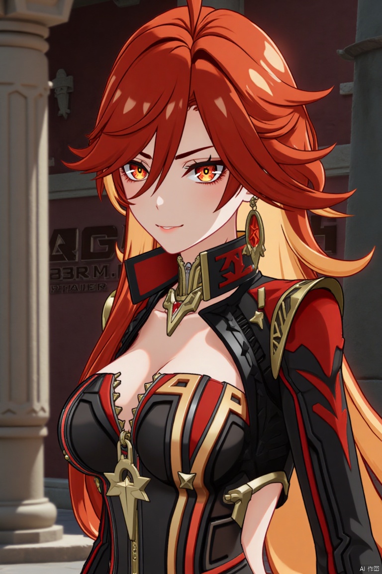 A solo girl with long, multicolored hair (red and orange) and red eyes stands in a dynamic pose, looking directly at the viewer with a closed-mouth smile. Her bangs partially cover her eyes, and her small breasts are visible under a detailed upper body armor with shoulder pauldrons. She wears intricate jewelry, including earrings. The scene is set against a detailed background with a movie poster theme, featuring three-dimensional text AGlong in the middle below. Cinematic lighting creates high contrast and sharp focus, enhancing the dramatic atmosphere. A pillar or column adds depth to the composition.