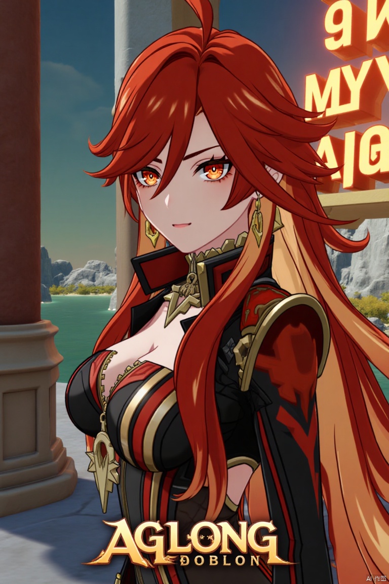 A solo girl with long, multicolored hair (red and orange) and red eyes stands in a dynamic pose, looking directly at the viewer with a closed-mouth smile. Her bangs partially cover her eyes, and her small breasts are visible under a detailed upper body armor with shoulder pauldrons. She wears intricate jewelry, including earrings. The scene is set against a detailed background with a movie poster theme, featuring three-dimensional text AGlong in the middle below. Cinematic lighting creates high contrast and sharp focus, enhancing the dramatic atmosphere. A pillar or column adds depth to the composition.